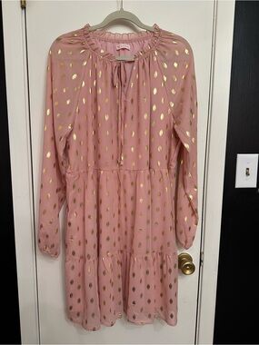 Women’s Pink Dress with Gold Dot Print - Tie Neck Tiered Style